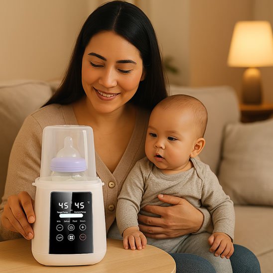 Maman contente avec sa chauffe biberon