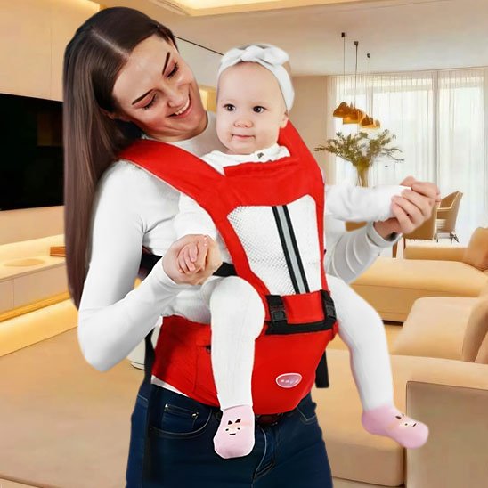 Porte-bébé rouge maman et bébé contents