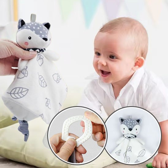 Doudou bébé peluche tête renrad avec  anneau dentition